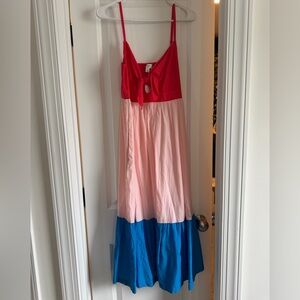 J. Crew Red, Pink, and Blue Tiered Maxi Dress with Front Tie
